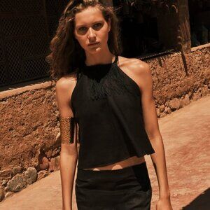 NWT BLACK FRINGE 100% LINEN HALTER OPEN BACK TOP